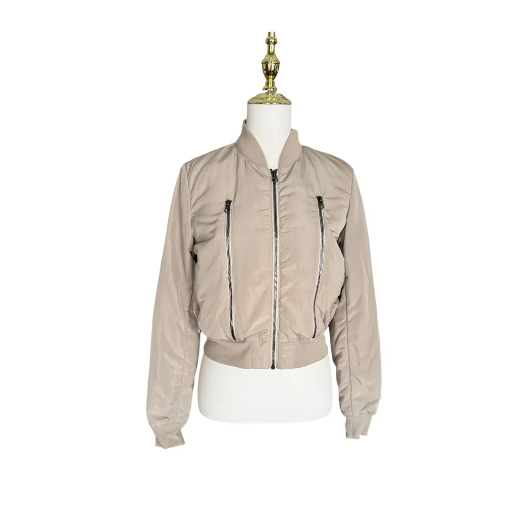ALO Yoga Off Duty Bomber Jacket Small Gravel Taupe Down Puffer Cropped Womens